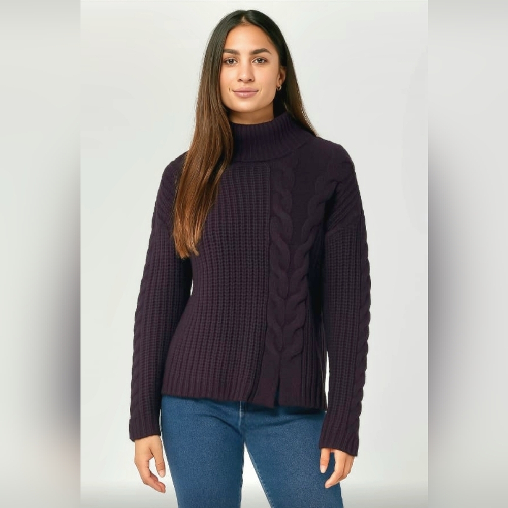 Poof! Black Cable Knit Mock Neck Sweater Long Sleeves Slit Front Size Small